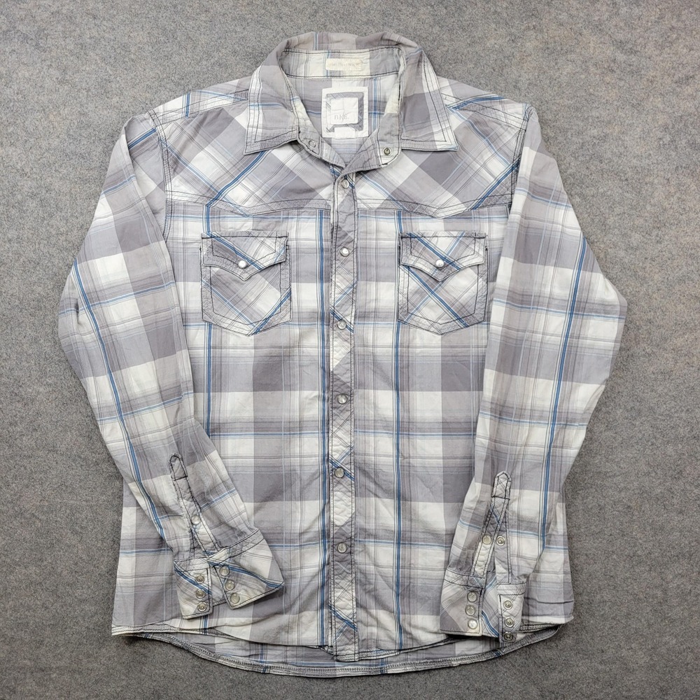 BKE Shirt Mens Large Gray Plaid Slim Fit Stretchโ Snap Front Long Sleeve